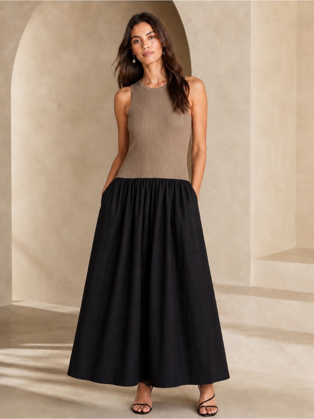 Banana Republic Black & Khaki Ribbed Tank Maxi Dress Size XLT xl tall drop waist